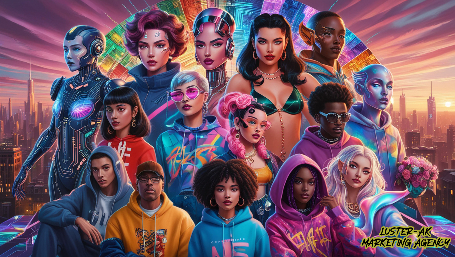 A diverse lineup of AI influencers with varied styles and backgrounds, representing digital personas in social media.